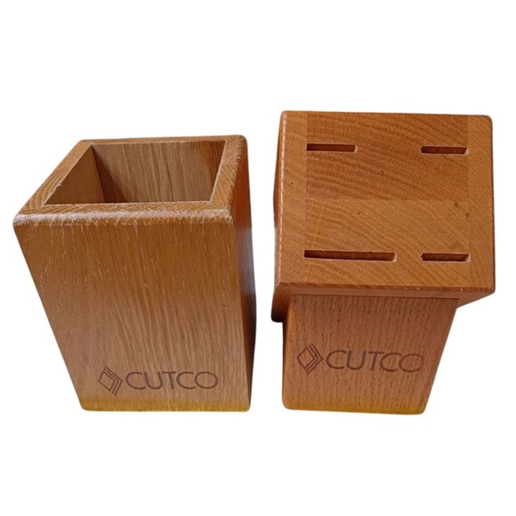 CUTCO Utensil Container and 4 Knife Holder Block Set - Honey Oak - 4 " Wide USA - Picture 1 of 7